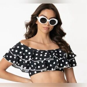 Unique Vintage Retro 50s Poka Dot Ruffle Swim Top Size XL